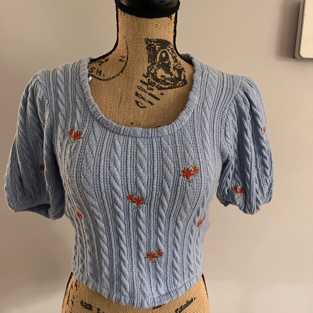 Zara Blue Cable Knit Blouse with Floral Accents